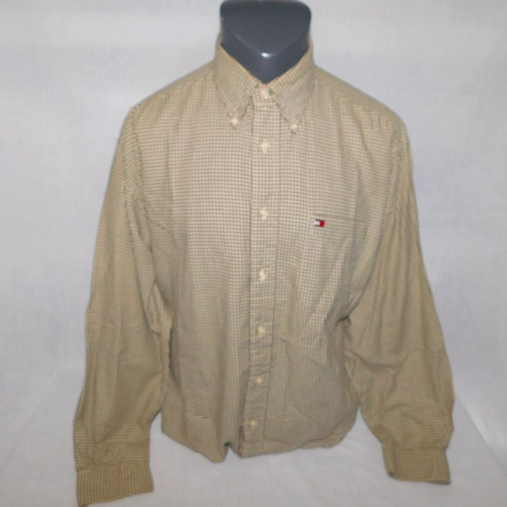 VTG 90s Tommy Hilfiger Brown White Check long Sleeve Button Front Shirt Mens L